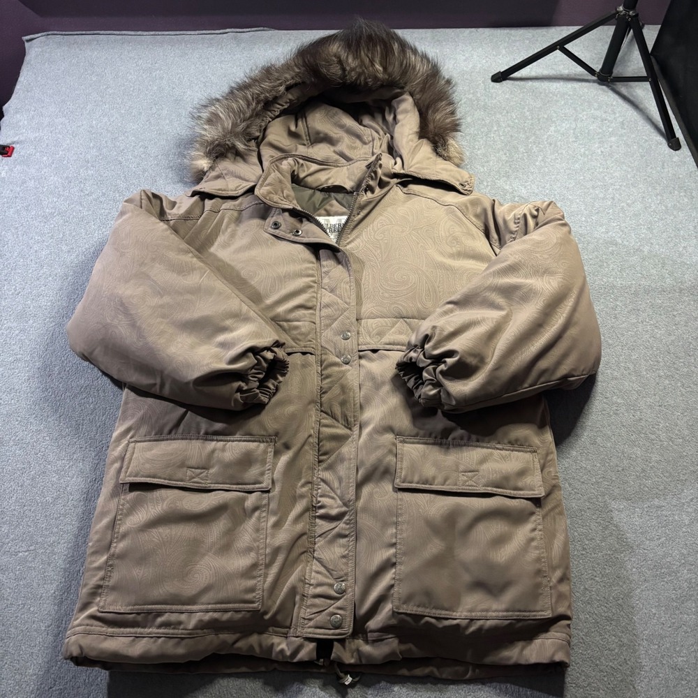 Vintage Mulberry Street Parka Women's L Brown Down Silver Fox Fur Paisley Jacket